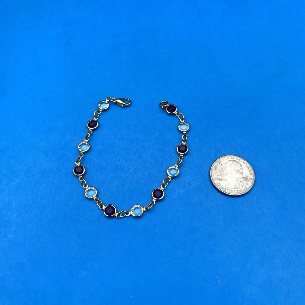 Vintage Gold Tone Purple Blue Crystal Bezel Station Link Bracelet 7 1/4 In Retro
